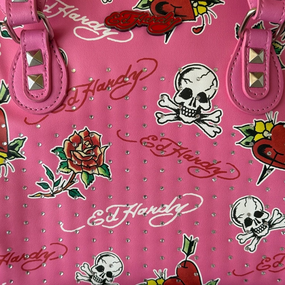 Ed Hardy Pink Skull Heart Thermal Lunch Tote Bag Rhinestone Y2K NWT Insulated - Picture 12 of 16